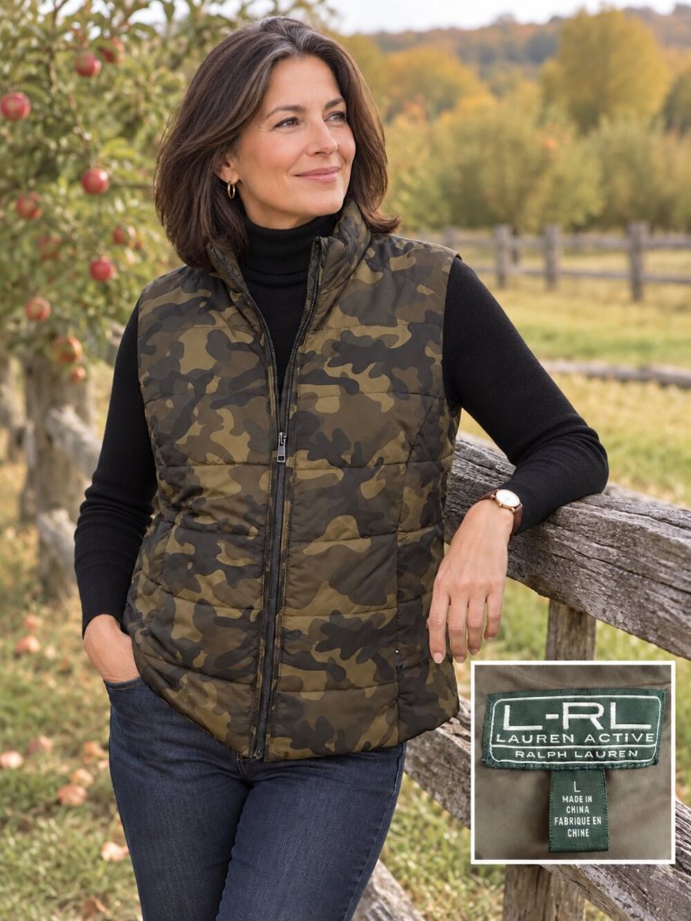 Ralph Lauren LRL Quilted Camo Puffer Vest Gilet Olive Green Large